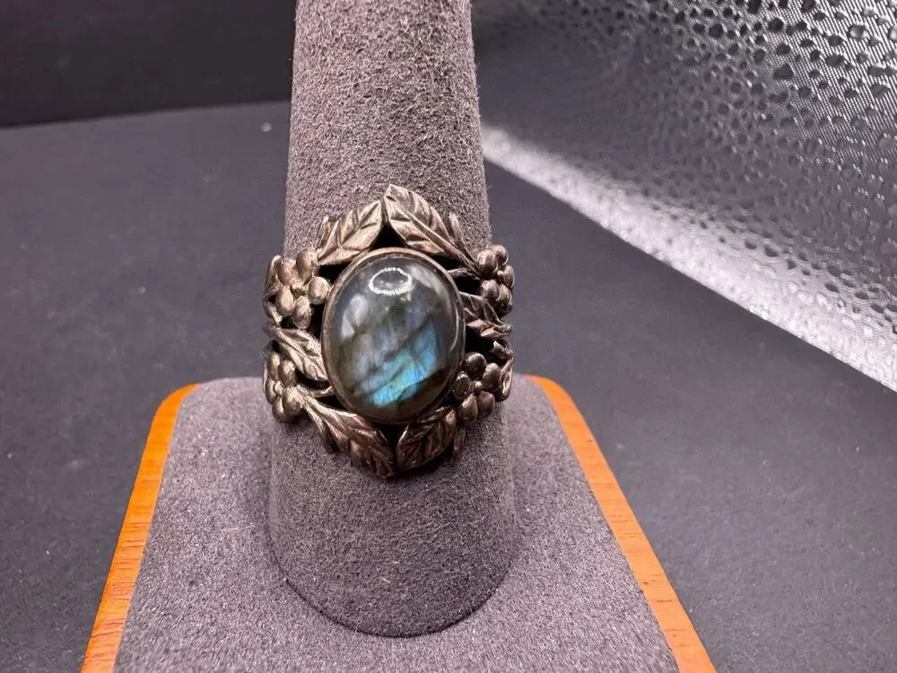 Vintage 925 Sterling Silver Labradorite Ring Art Nouveau Floral Leaf Band Sz 10